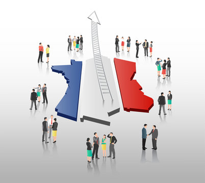 Business people standing with ladder arrow and french flag