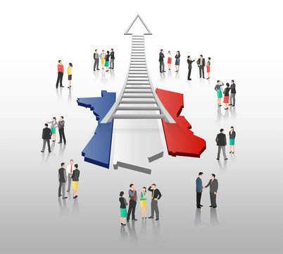 Business people standing with ladder arrow and french flag
