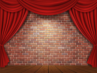 Red curtains on brick wall background