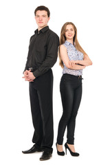 Business man and woman standing isolated on white background.