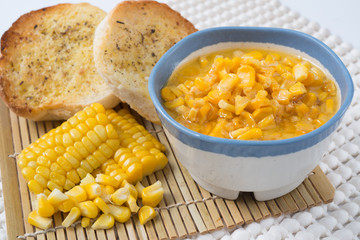 Corn chowder, corn on the background.