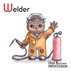 Alphabet professions Owl Letter W - Welder Vector Watercolor. - obrazy, fototapety, plakaty
