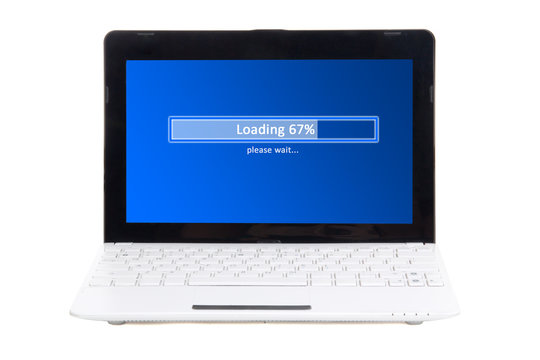 little laptop with loading panel on screen isolated on white