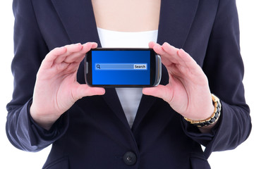 mobile phone with search bar on screen in female hands