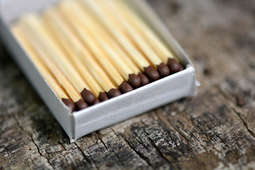 wooden matches in a box, close up