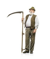 Old man with scythe isolated