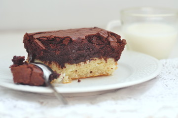 Chocolate coconut brownie, selective focus