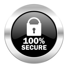 secure black circle glossy chrome icon isolated