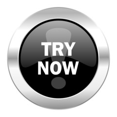 try now black circle glossy chrome icon isolated