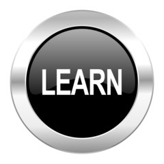 learn black circle glossy chrome icon isolated
