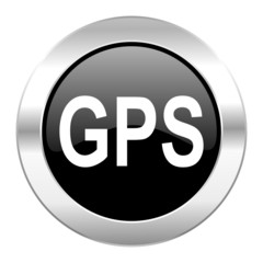 gps black circle glossy chrome icon isolated