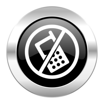 no phone black circle glossy chrome icon isolated