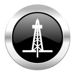 drilling black circle glossy chrome icon isolated