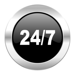 24/7 black circle glossy chrome icon isolated