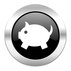 piggy bank black circle glossy chrome icon isolated