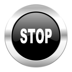 stop black circle glossy chrome icon isolated