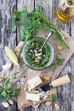 Delicious homemade pesto of green herbs with pumpkin seeds