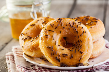 Breakfast with donuts and honey