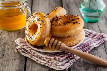 Breakfast with donuts and honey