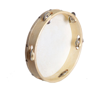 Tambourine isolated on white background in half a turn