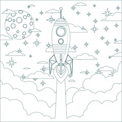 Cartoon Flying Rocket in the Sky.  Contour vector