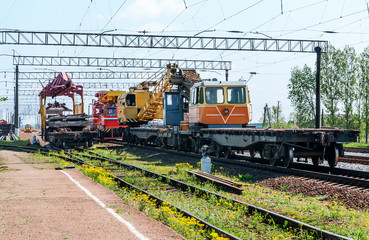 Fototapeta na wymiar Train with special track equipment at repairs