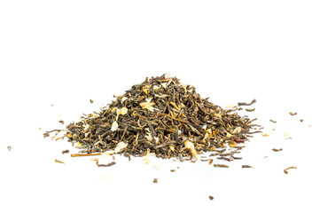 Green tea leaves isolated on white background