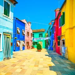 Tuinposter Venice landmark, Burano island street, colorful houses, Italy © stevanzz