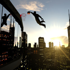 A businessman performing a slam dunk on the top of a skyscraper © Yabresse