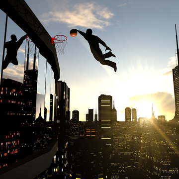 A businessman performing a slam dunk on the top of a skyscraper