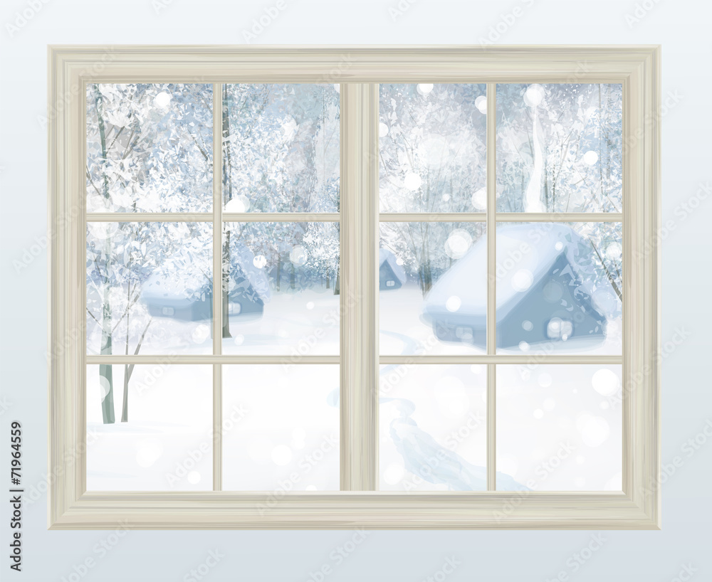 Wall mural vector window with view of snowy background.