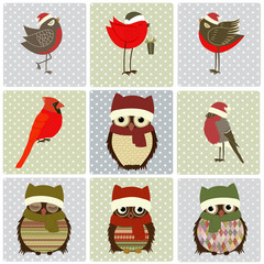 Set of Christmas birds on squares with dots