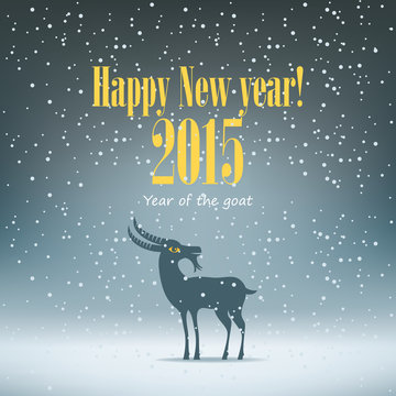 goat in winter landscape with inscription Happy New Year