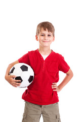 Cute boy is holding a football ball. Soccer ball