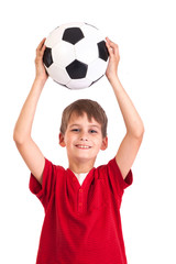 Cute boy is holding a football ball. Soccer ball