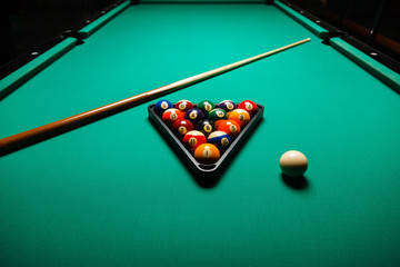 Billiard balls in a pool table.