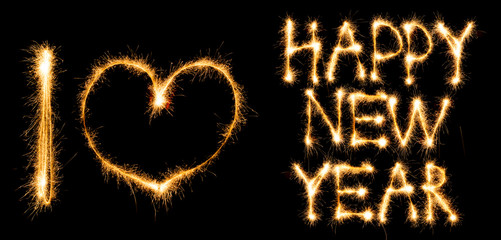 Inscription I love Happy New Year made of sparkles on black