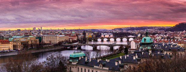 Bridges in Prague over the river at sunset