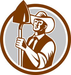 Organic Farmer Shovel Circle Woodcut