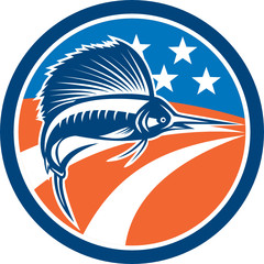 Sailfish Fish Jumping American Flag Circle Retro