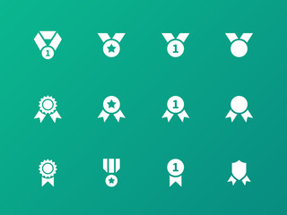 Award medal icons on green background.