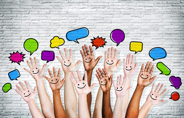 People's Hands Raised with Speech Bubbles