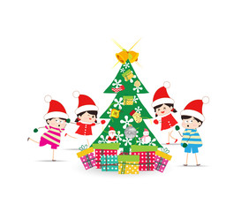Happy Kids Decorating A Christmas Tree With element
