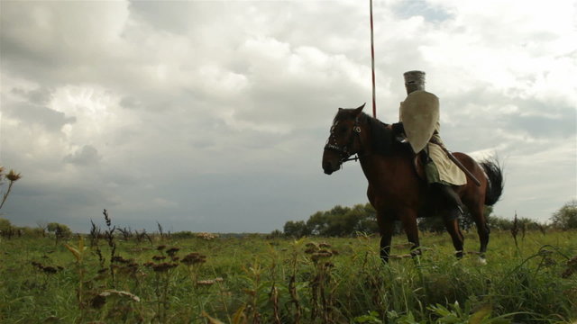 Medieval knights on horseback.