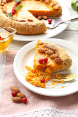 Homemade pumpkin pie on table