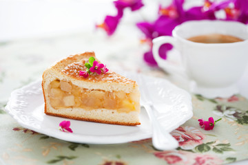 Homemade apple pie slice, selective focus
