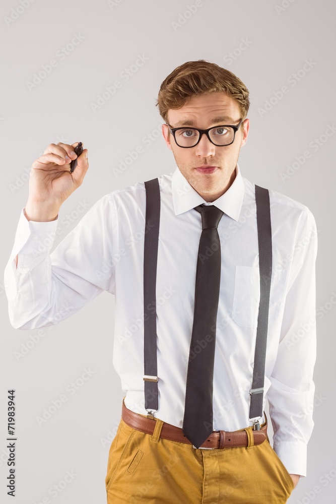 Poster geeky businessman writing with marker