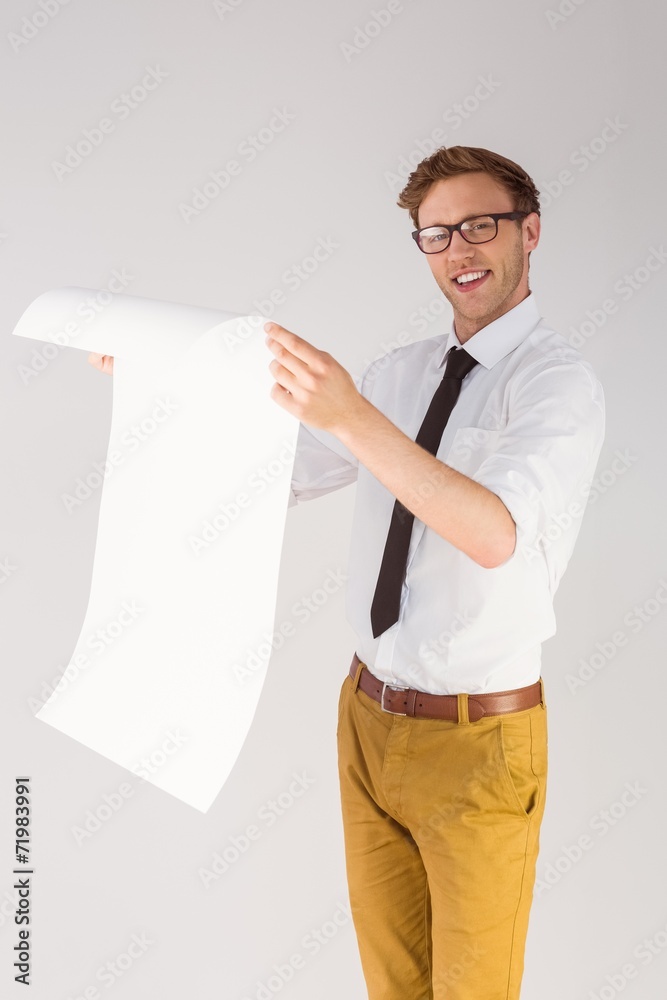 Poster geeky businessman reading large page