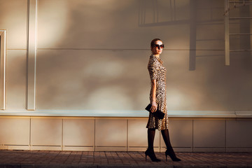 Street fashion, pretty elegant woman model in leopard dress and