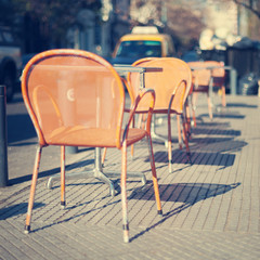 Vintage tables on an outdoors cafe
